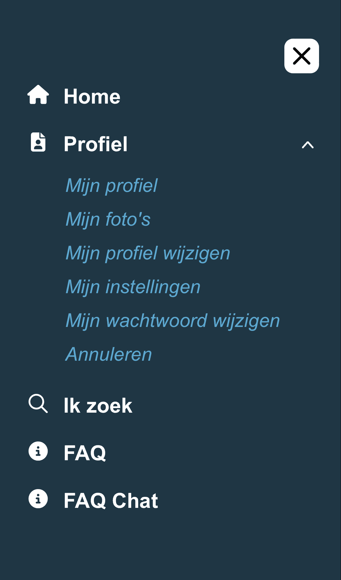 Menu screenshot mobiel